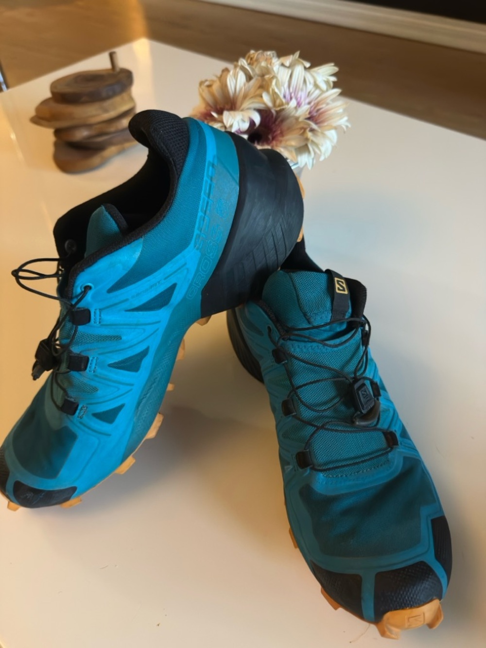Salomon Teal Blue, yellow bottomed Athletic Trail Running Shoes (Ukraine colors)